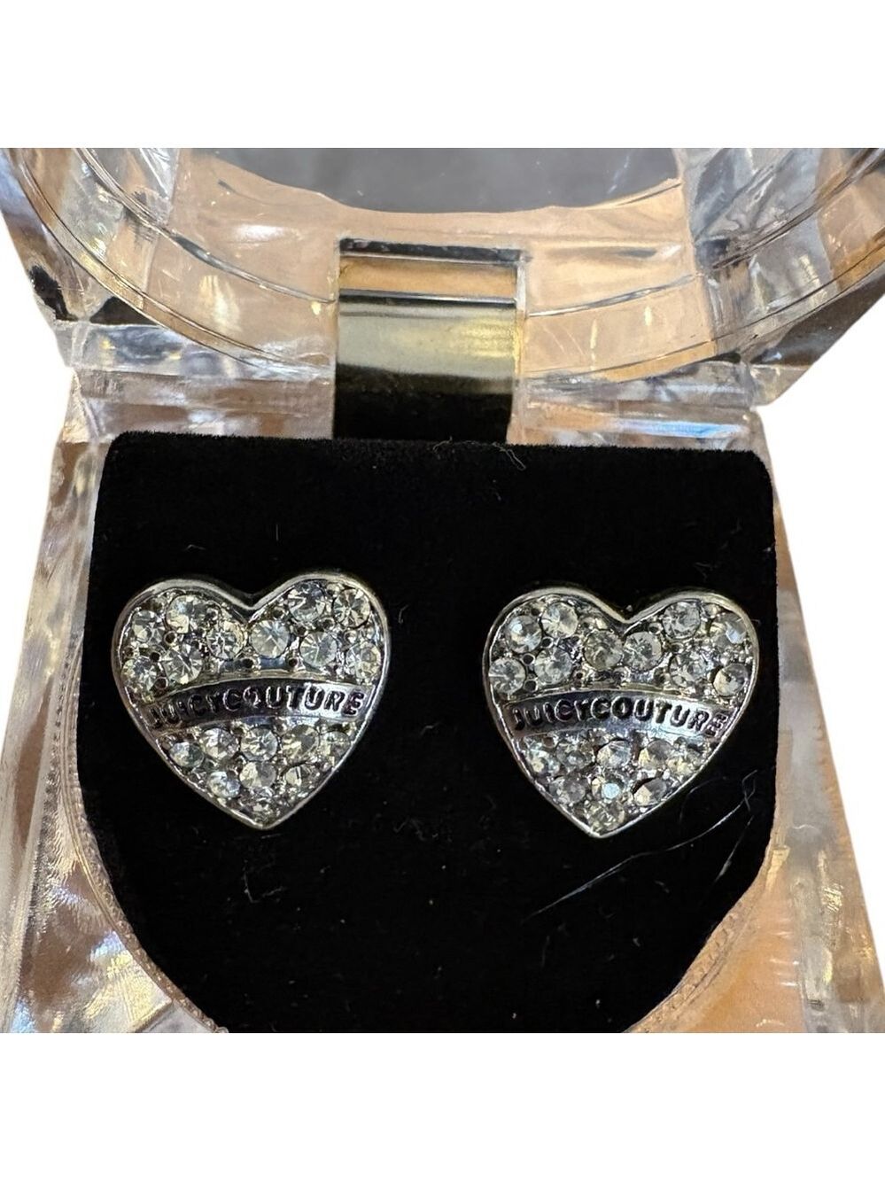 Juicy Couture pave heart stud earrings Clear Rhinestones